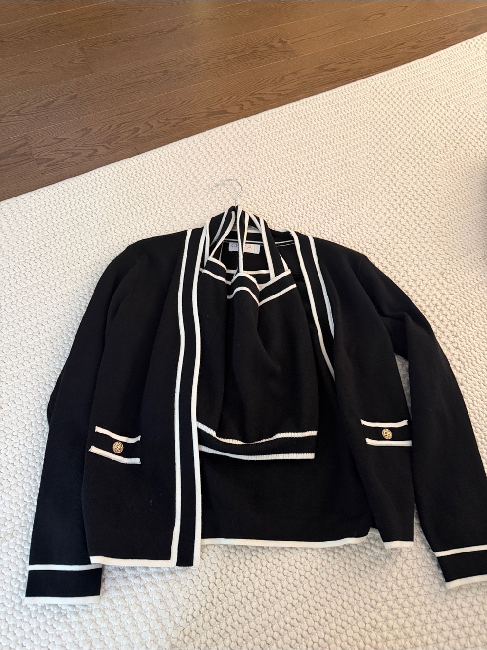 Black Knit Blazer with White Contrast Trim